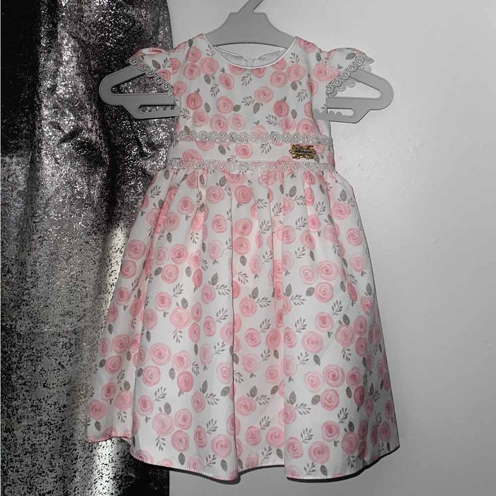 Floral Pink and White Dress with Cap Sleeves